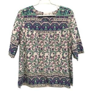 The Vermont Company Store Womens Short Sleeve Shirt Size L Blue Elephant Paisley